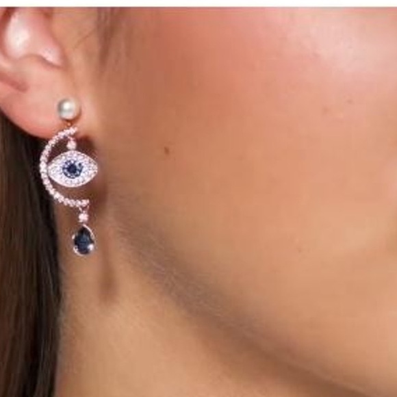 NWT SWAROVSKI EVIL EYE EARRING 5425860 ROSE GOLD PLATED with Blue & white stones - Picture 3 of 4